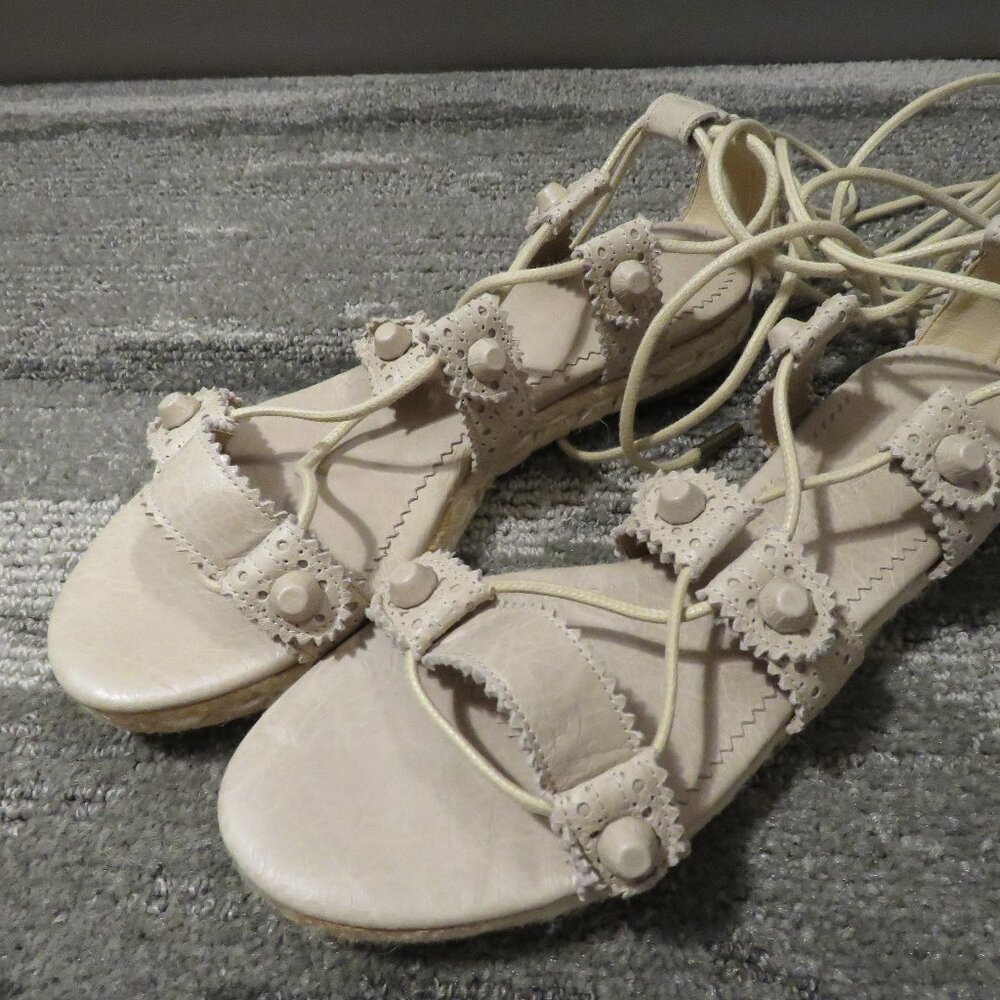 BALENCIAGA PARIS Arena Leather Gladiator Ankle Wrap Espadrilles in Praline Sz 6 - Picture 2 of 15